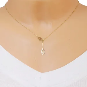 585 Yellow gold necklace – an outline of two dangling leaves with tiny cut-outs