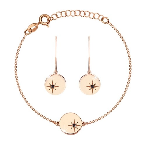 925 silver set, pink-gold hue - bracelet and earrings, circle with Polaris, black diamond