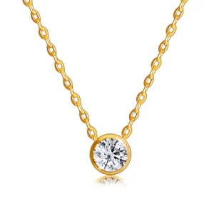 9K gold brilliant necklace - round diamond in a shiny bezel, thin chain