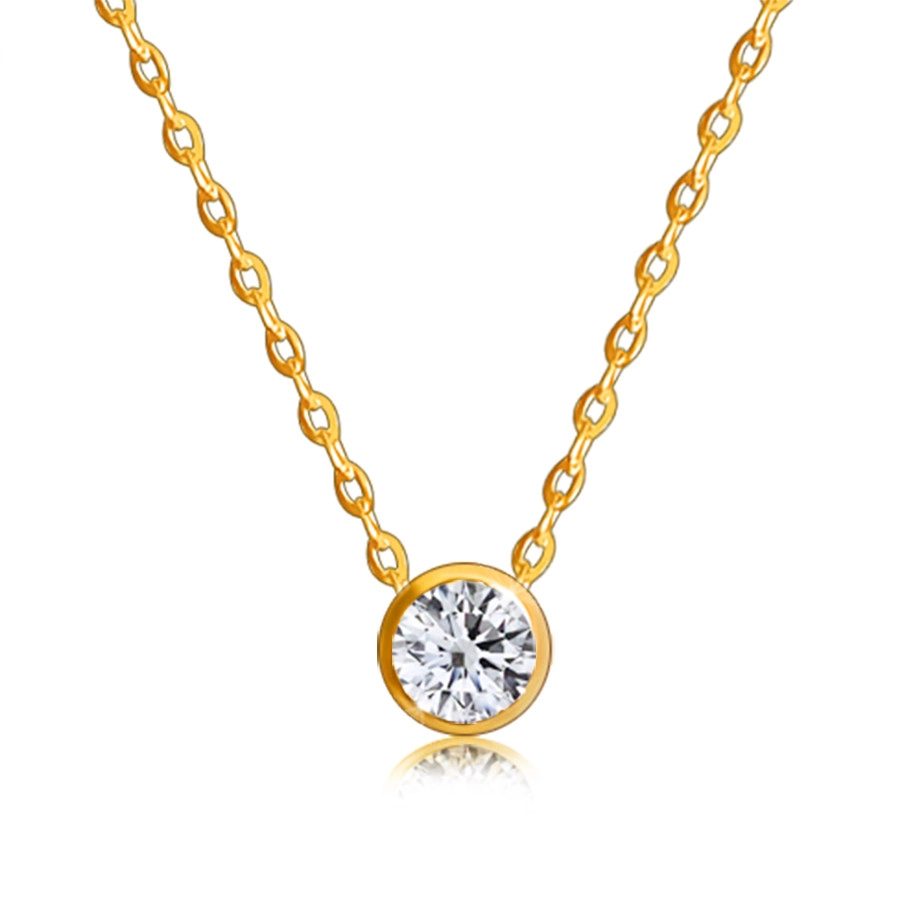 9K gold brilliant necklace - round diamond in a shiny bezel, thin chain