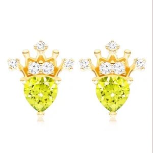 9K gold earrings heart-shaped olivine and crown with zircons