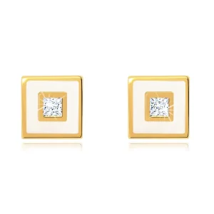 9K gold earrings square with white enamel and zircon