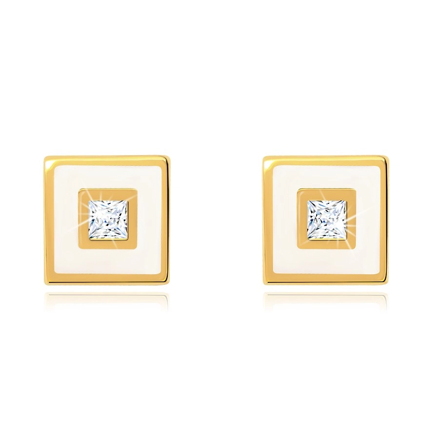 9K gold earrings square with white enamel and zircon