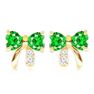 9K gold earrings with bow-shaped olivine and clear zircons