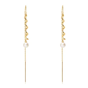 9K gold hanging earrings - wave contour and round pearl of white colour