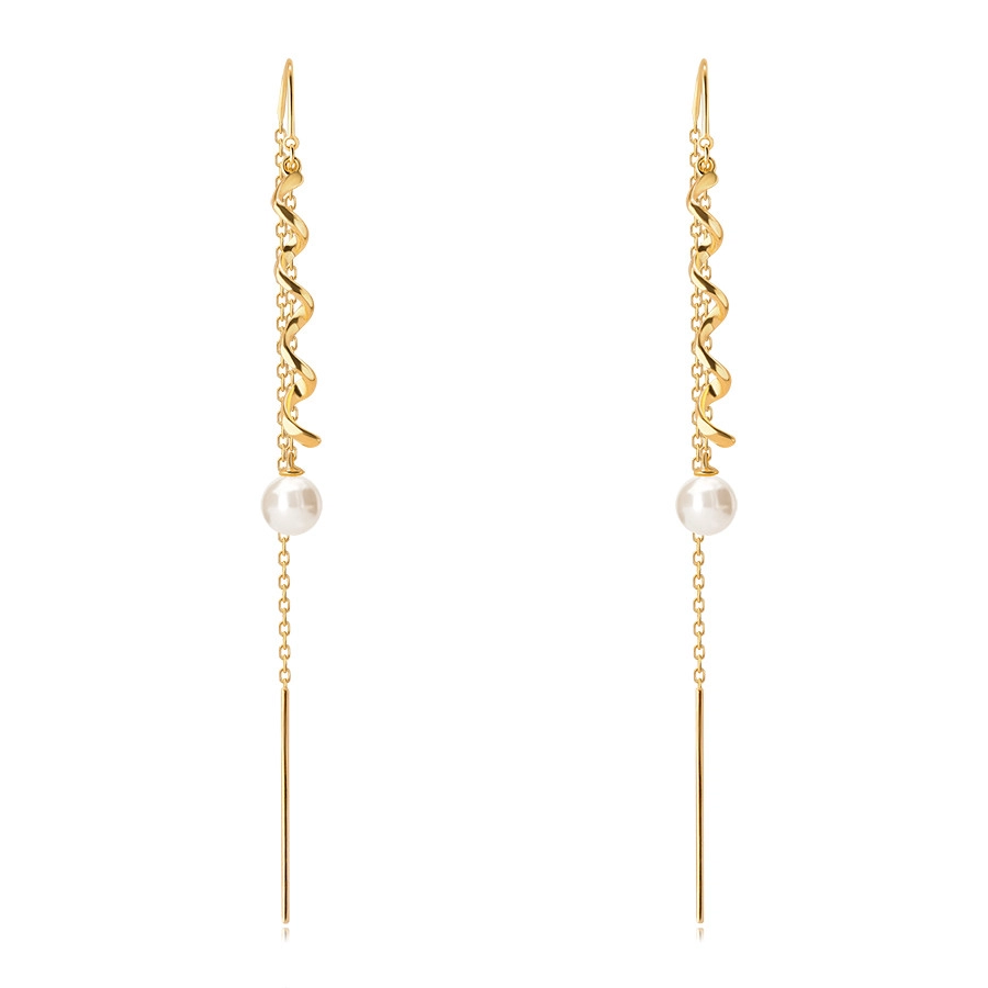 9K gold hanging earrings - wave contour and round pearl of white colour