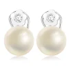 9K White gold earrings – a cultured pearl, a flower with a zircon, omega clip