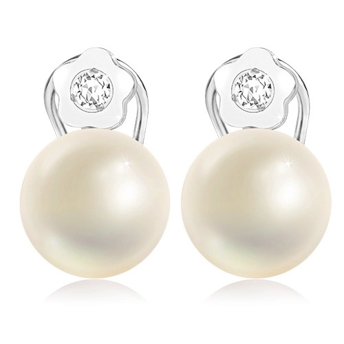 9K White gold earrings – a cultured pearl, a flower with a zircon, omega clip