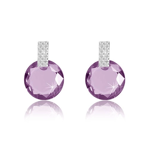 9K white gold earrings - zircon rectangle, round zircon of purple colour