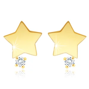 9K Yellow gold diamond earrings – star with a clear brilliant, studs