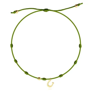 Adjustable bracelet with a 375 gold pendant – horseshoe, green string