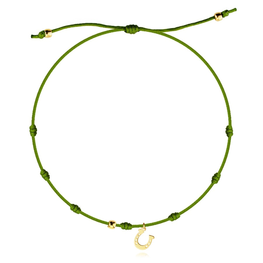 Adjustable bracelet with a 375 gold pendant – horseshoe, green string