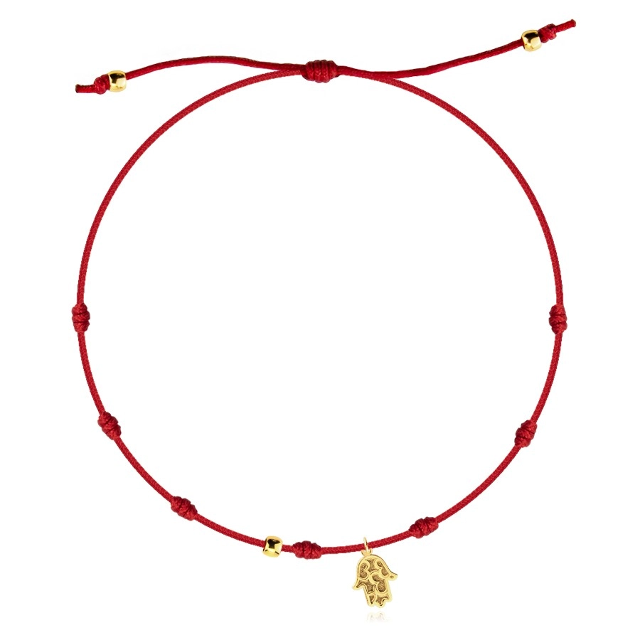 Adjustable bracelet with a pendant in 375 gold – Fatima´s hand, red string