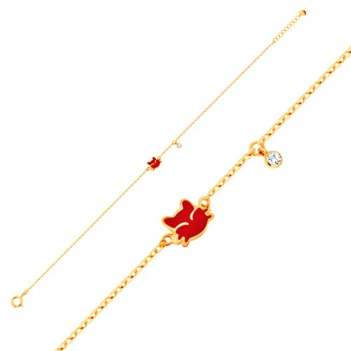 Bracelet made of yellow 14K gold, pendants - red cat, clear zircon