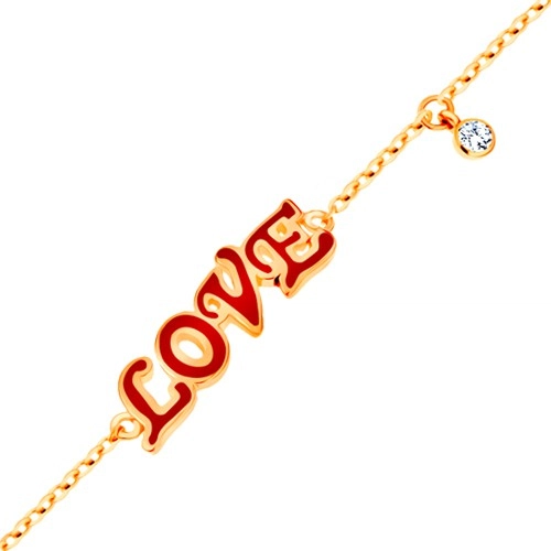 Bracelet made of yellow 14K gold, pendants - red glazed inscription LOVE, zircon