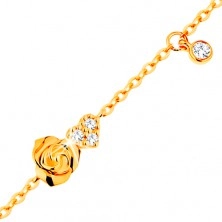 Bracelet made of yellow 14K gold - rose and clear zircon heart, 185 mm