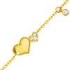 Bracelet made of yellow 14K gold - shiny and glistening heart, dangling clear zircon