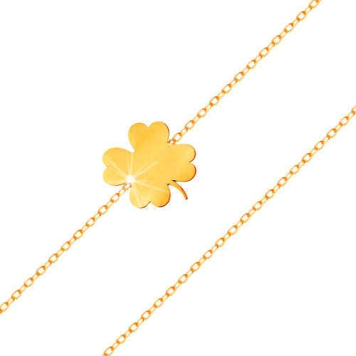 Bracelet made of yellow 14K gold - shiny four-leaf clover, thin chain composed of oval links