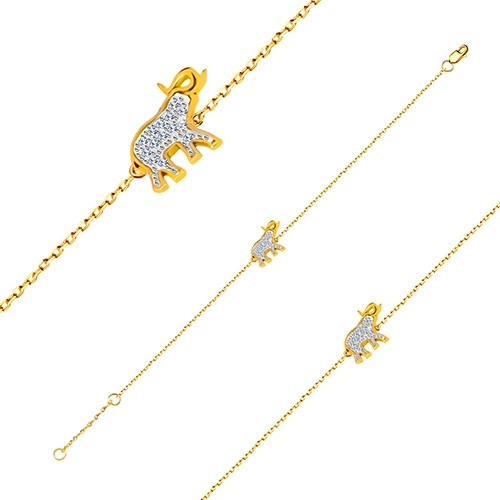 Bracelet of 14K gold - elephant with glittery zircons, fine glossy chain