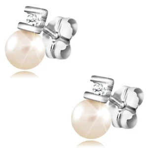 Brilliant earrings made of white 585 gold - clear diamond betwen prongs, pearl