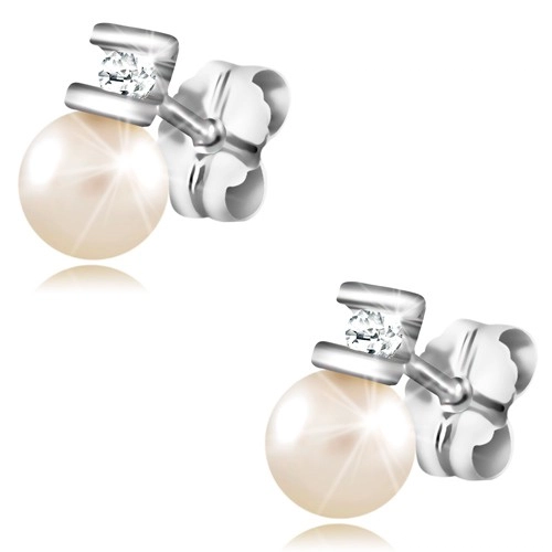 Brilliant earrings made of white 585 gold - clear diamond betwen prongs, pearl