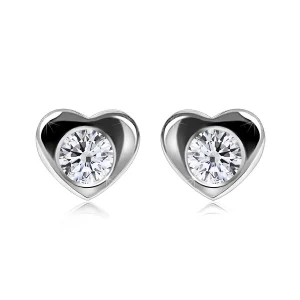 Brilliant earrings made of white 585 gold - shiny heart, round diamond, studs