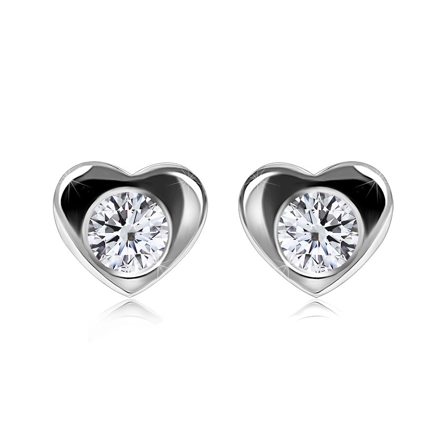 Brilliant earrings made of white 585 gold - shiny heart, round diamond, studs