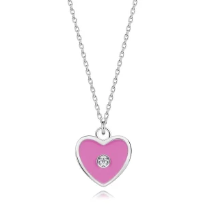 Children's 925 silver necklace, adjustable - pink heart, clear diamond