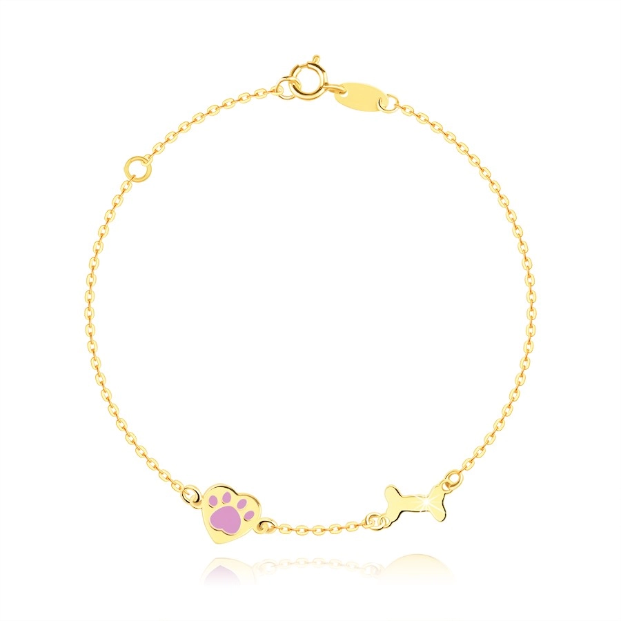 Children´s 14K gold wrist bracelet – a dog bone and a heart with a paw print