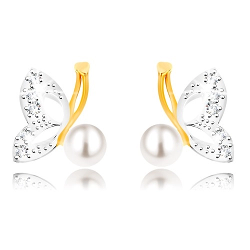 Combined 9K gold earrings - butterfly with wings of white gold, zircons, pearl