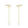 Dangling 14K gold earrings with cultured pearl and zircon line