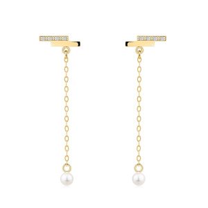 Dangling 14K gold earrings with cultured pearl and zircon line