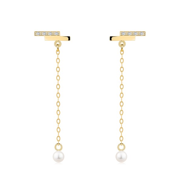 Dangling 14K gold earrings with cultured pearl and zircon line