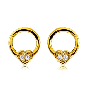 Diamond earrings in yellow 585 gold - circle contour with a small heart, round brilliants