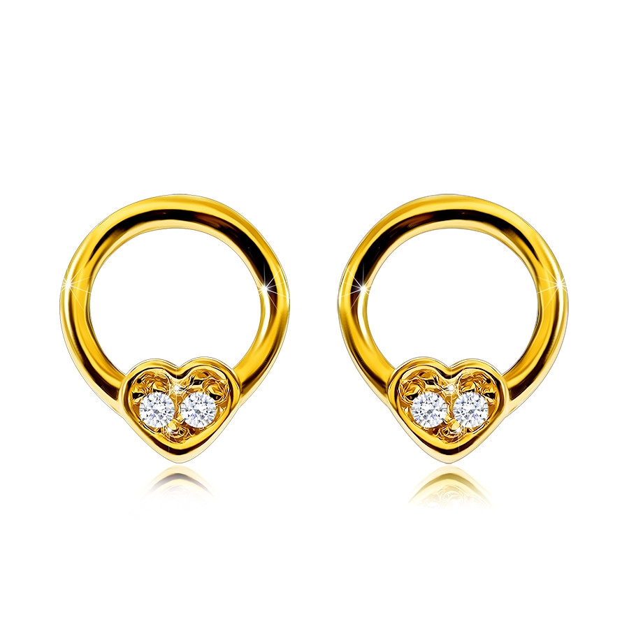 Diamond earrings in yellow 585 gold - circle contour with a small heart, round brilliants