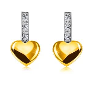 Diamond earrings made of 9K combined gold - strip with diamonds, smooth heart, studs -35% EXTRA