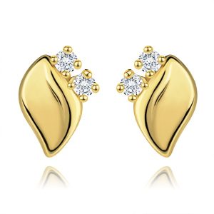 Diamond earrings made of yellow 14K gold - two clear brilliants, shniy leaf