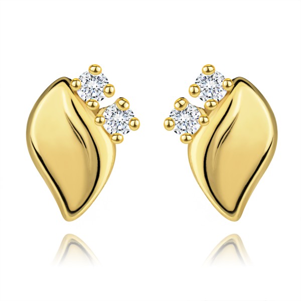 Diamond earrings made of yellow 14K gold - two clear brilliants, shniy leaf