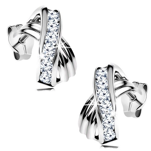 Earrings from white 14K gold – crossed bent lines, sparkly clear zircons