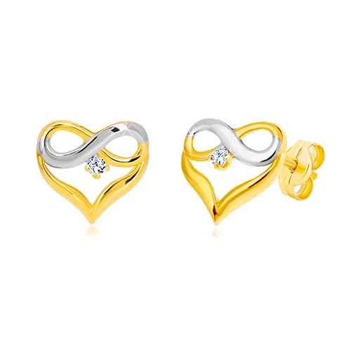 Earrings in 14K combined gold - heart contour, INFINITY symbol, zircon