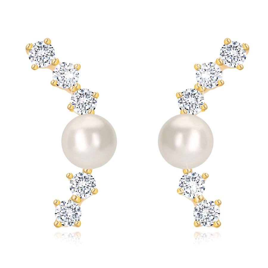 Earrings in yellow 14k gold - arc of clear zircons, shiny white pearl