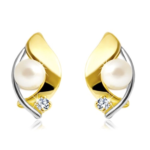 Earrings made of 14K gold, two-colour bead, white pearl and clear zircon