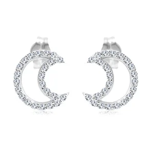 Earrings made of 14K white gold - moon contour inlaid with zircons