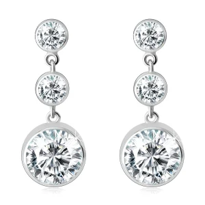 Earrings made of 585 white gold – three round bezels, glittery clear zircons, studs