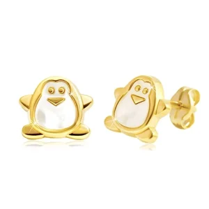 Earrings made of 585 yellow gold - penguin with white nacre, stud earrings