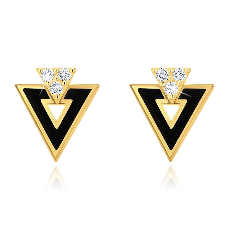 Earrings made of yellow 14K gold - black triangle with cutout, clear zircons