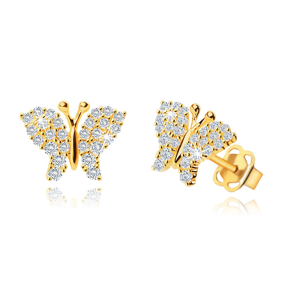 Earrings made of yellow 14K gold, butterfly, wings decorated with clear zircons, studs