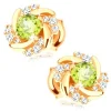 Earrings made of yellow 14K gold - flower with curved petals and olivine centre