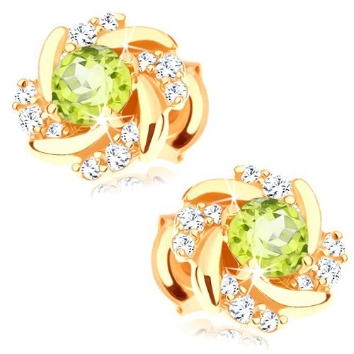Earrings made of yellow 14K gold - flower with curved petals and olivine centre