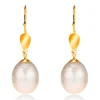 Gold 14K earrings - shiny oval, big pearl in creamy colour, hooks